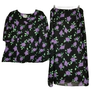 Floral Print Skirt Set Maxi Skirt 18W Button Top Short Sleeve 20W Purple Black
